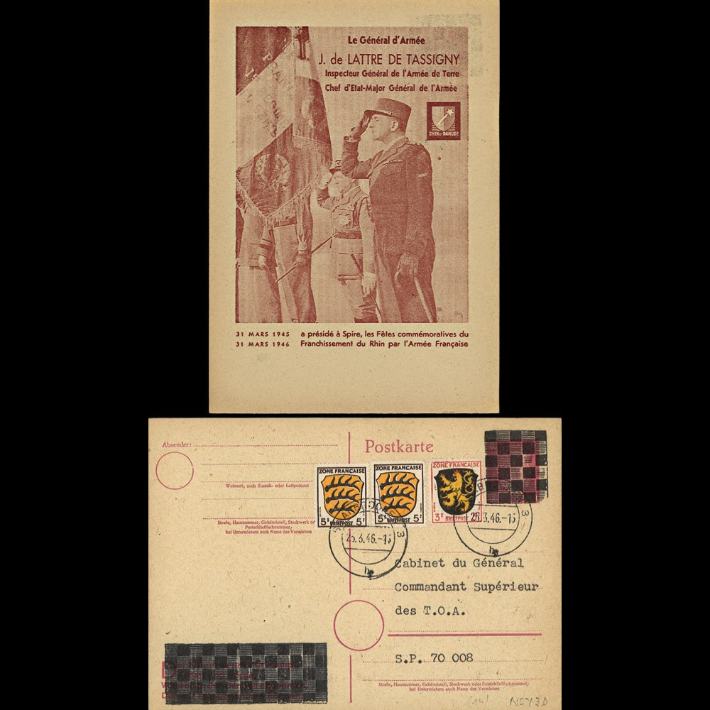 NEY46-3D : 1946 - France Entier postal de Lattre de Tassigny - 6Pf rose Hitler en cage