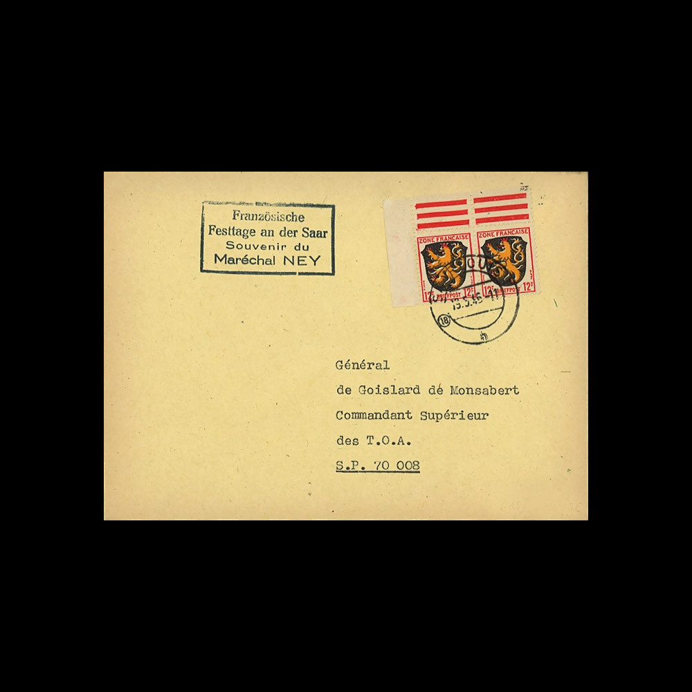 NEY46-2E : 1946 - France FDC Souvenir Mal NEY en Zone d'Occupation franç. en Allemagne