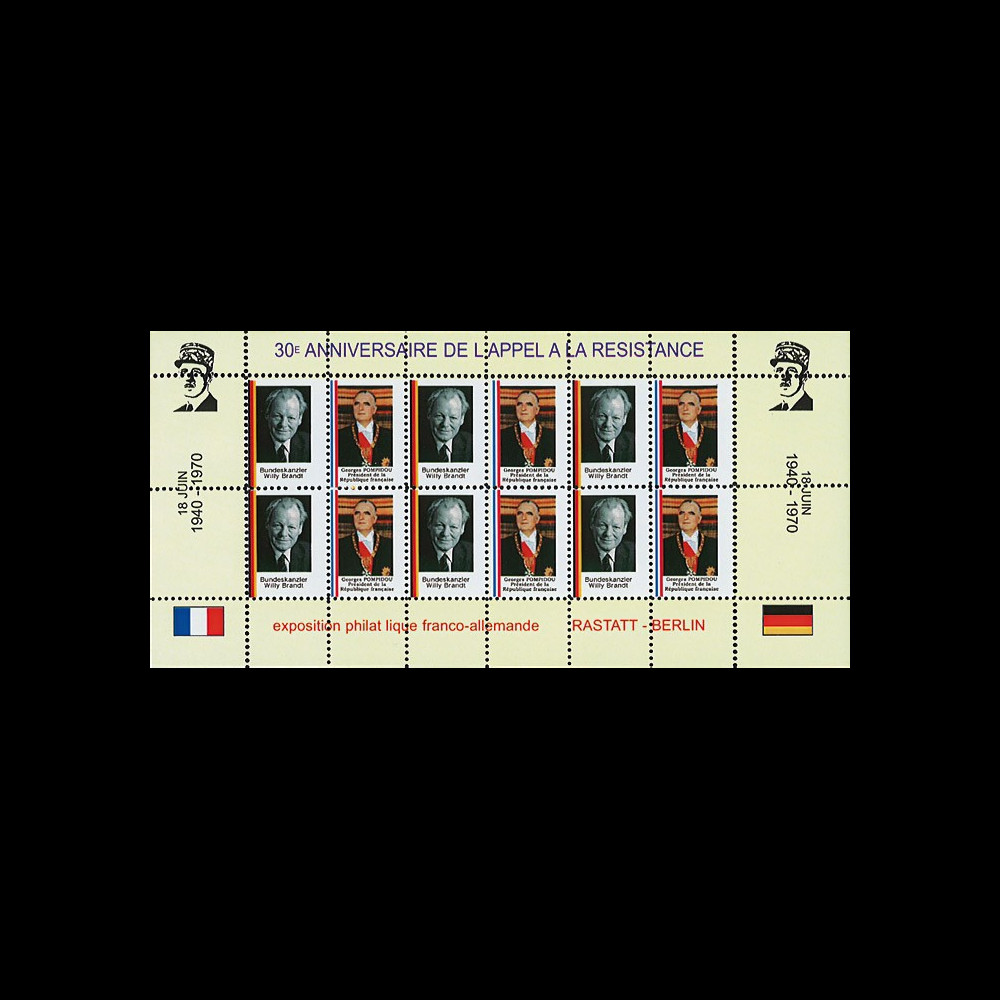FRAL-13FD : 1970 - Feuillet EUROPA - 30 ans Appel du Gal de Gaulle / Pompidou et Brandt FRAL-13FD : 1970 - Feuillet EUROPA - 30 ans Appel du Gal de Gaulle / Pompidou et Brandt