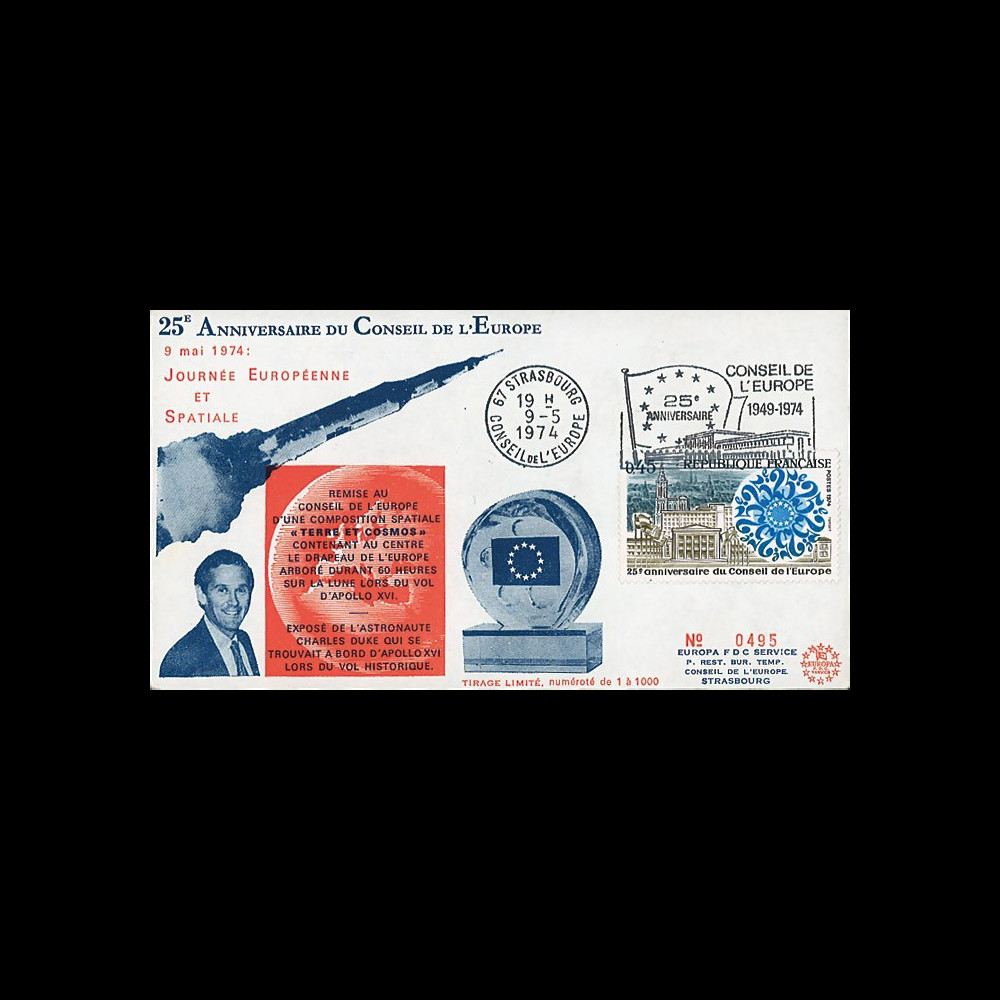 CE26E : 1974 - FDC 25 ans Conseil de l'Europe - Apollo XVI - drapeau de l'Europe sur la Lune CE26E : 1974 - FDC 25 ans Conseil de l'Europe - Apollo XVI - drapeau de l'Europe sur la Lune