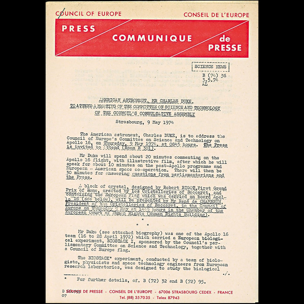 CE26CP : 1974 - Communiqué de presse C. Duke au Conseil - Drapeau de l'Europe lunaire