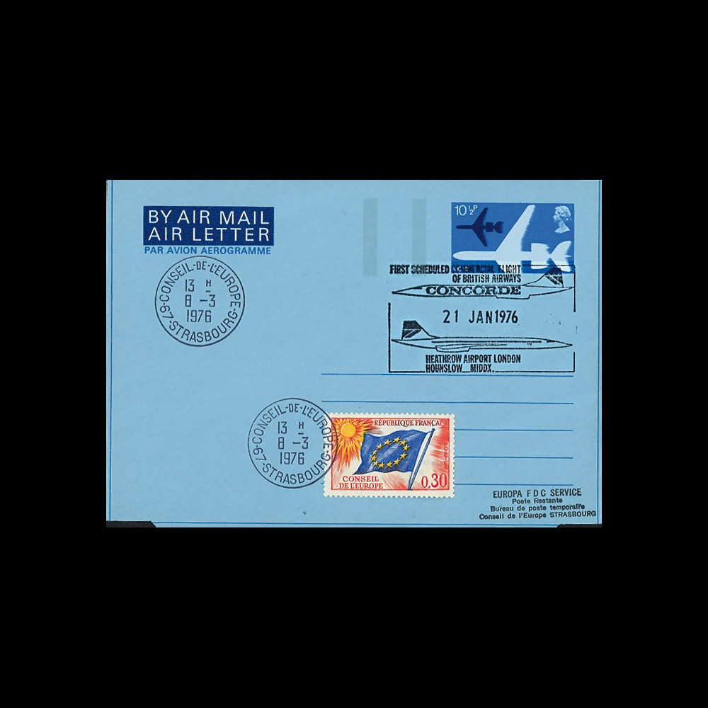 COBA76-1-21B : ROYAUME-UNI Aérogramme 1er vol commercial Concorde British Airways