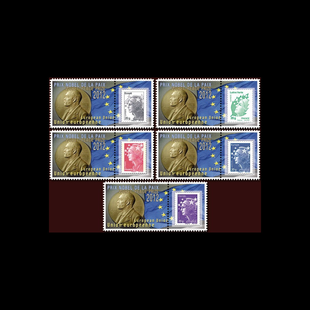 PE624-PT1-5 : 2011 - 5 porte-timbres Parlement européen : Prix Nobel de la Paix pour l'UE