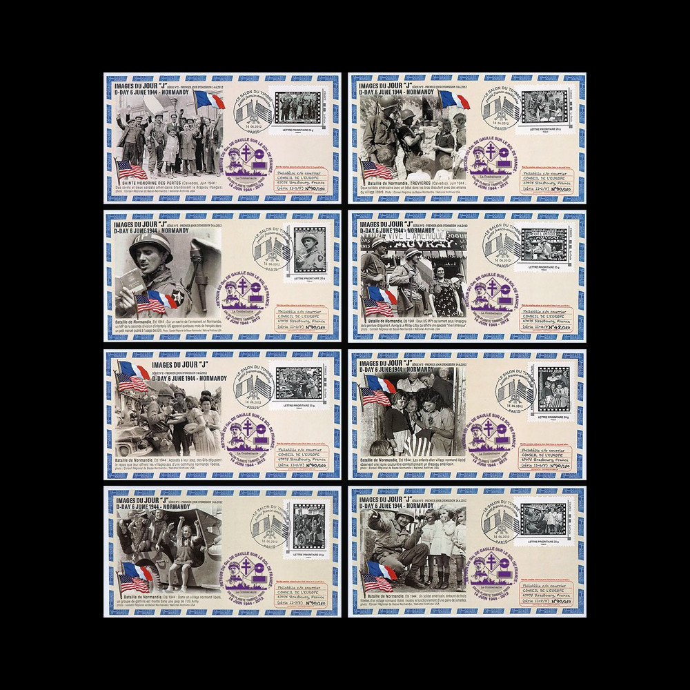 DEBS2-1/8COL : 2012 - Série 8 FDC "Soldats US - Bataille Normandie / 68 ans Retour DE GAULLE"