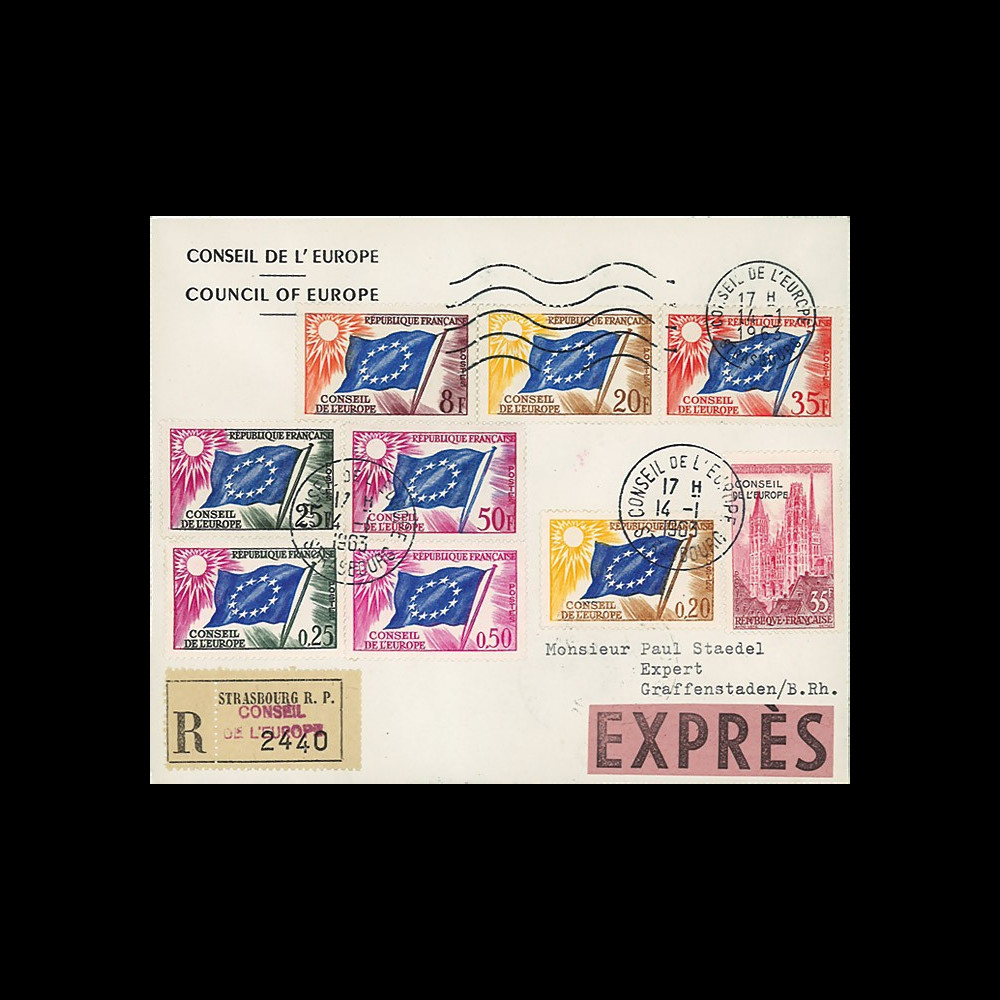 CE14-PJ1-9M : Env. Exprès-RECO 1er Jour timbres Conseil de l'Europe N°7/9 14.01.1963