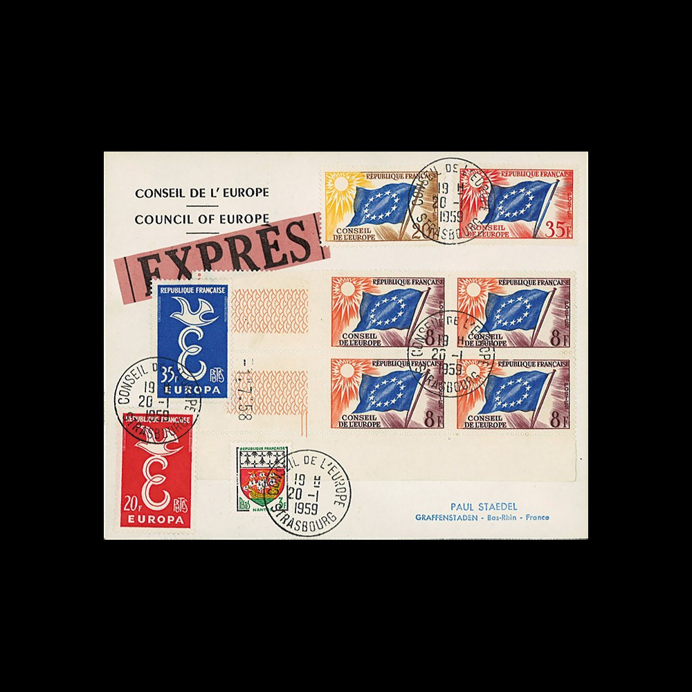 CE10-PJ2-4EX : Env. Exprès Conseil de l'Europe "Affranchissement provisoire" 20.01.1959