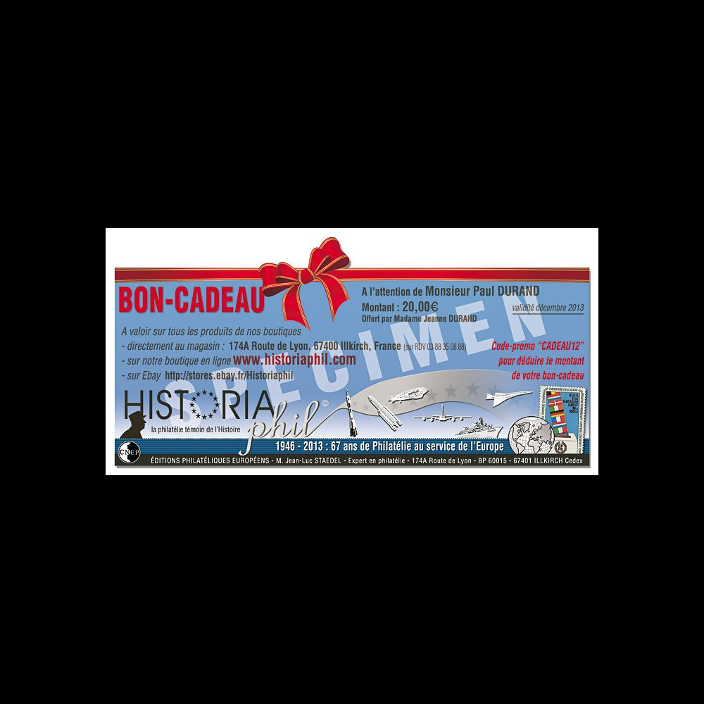 BON-CADEAU20 : Chèque-cadeau de 20€ à valoir sur la boutique www.HISTORIAPHIL.com