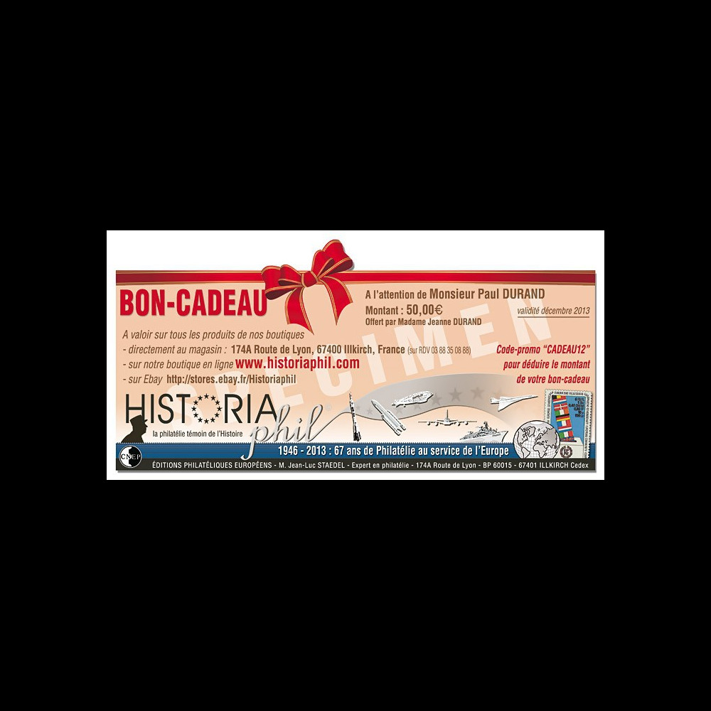 BON-CADEAU50 : Chèque-cadeau de 50€ à valoir sur la boutique www.HISTORIAPHIL.com