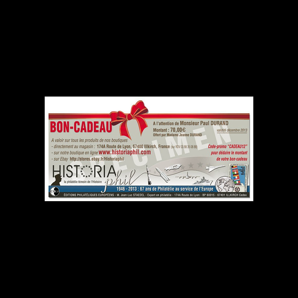 BON-CADEAU70 : Chèque-cadeau de 70€ à valoir sur la boutique www.HISTORIAPHIL.com