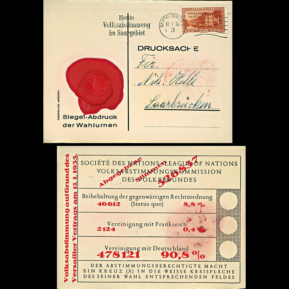 W2-AL0710 : Carte de vote officielle "Référendum du 13.1.1935 sur l’annexion de la Sarre"