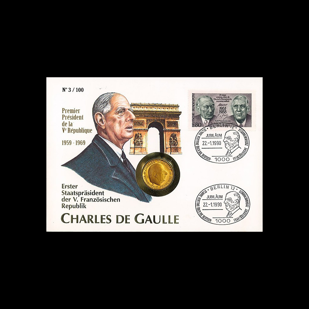 DG90-NUM : 1990 - France-Allemagne FDC numismatique 1 Franc "de Gaulle"