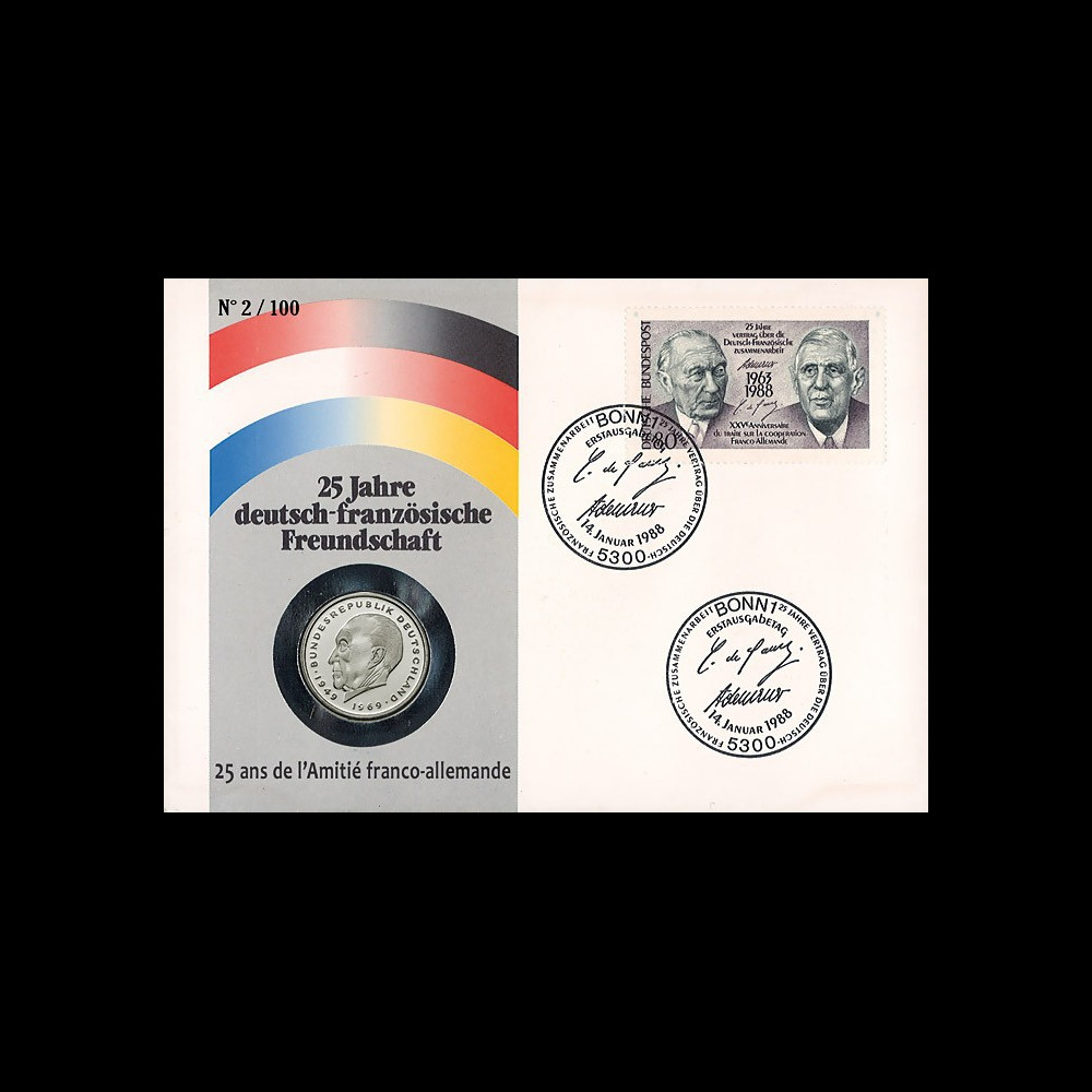 AD88-NUM : 1988 - France-Allemagne FDC numismatique 2 Mark "Adenauer" AD88-NUM : 1988 - France-Allemagne FDC numismatique 2 Mark "Adenauer"