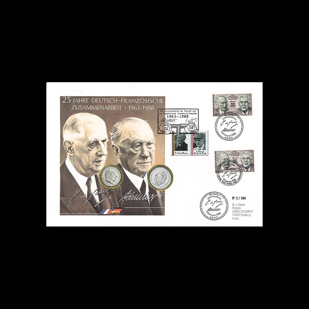 DG88-NUM1 : 1988 - France-Allemagne Maxi-FDC 1 Franc "de Gaulle" + 2 Mark "Adenauer"