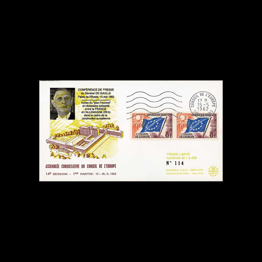 CE14-I : 1962 - FDC CE "de Gaulle rappelle la nécessité d'une amitié franco-allemande" CE14-I : 1962 - FDC CE "de Gaulle rappelle la nécessité d'une amitié franco-allemande"