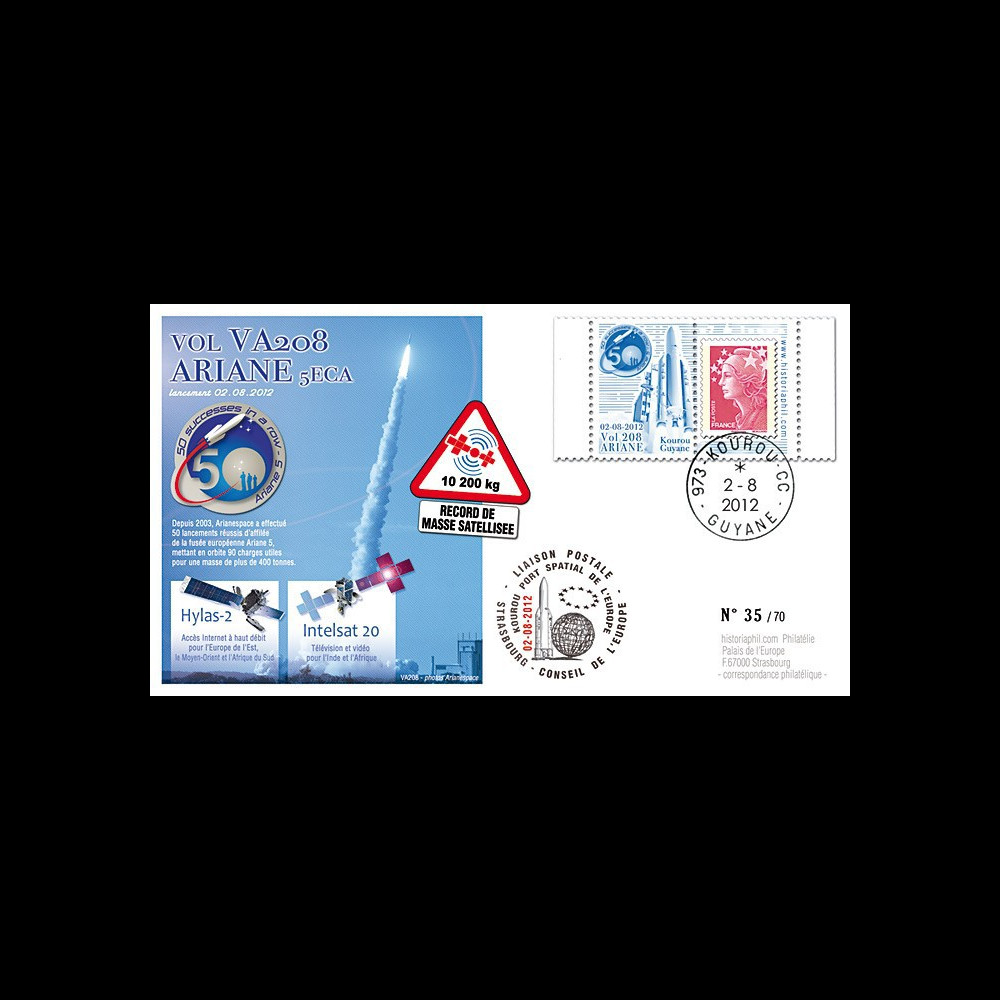 VA208L-T1 : 2012 FDC Kourou ARIANE 5 Vol 208 - Hylas-2 / Intelsat 20 - 50e succès d'affilée VA208L-T1 : 2012 FDC Kourou ARIANE 5 Vol 208 - Hylas-2 / Intelsat 20 - 50e succès d'affilée