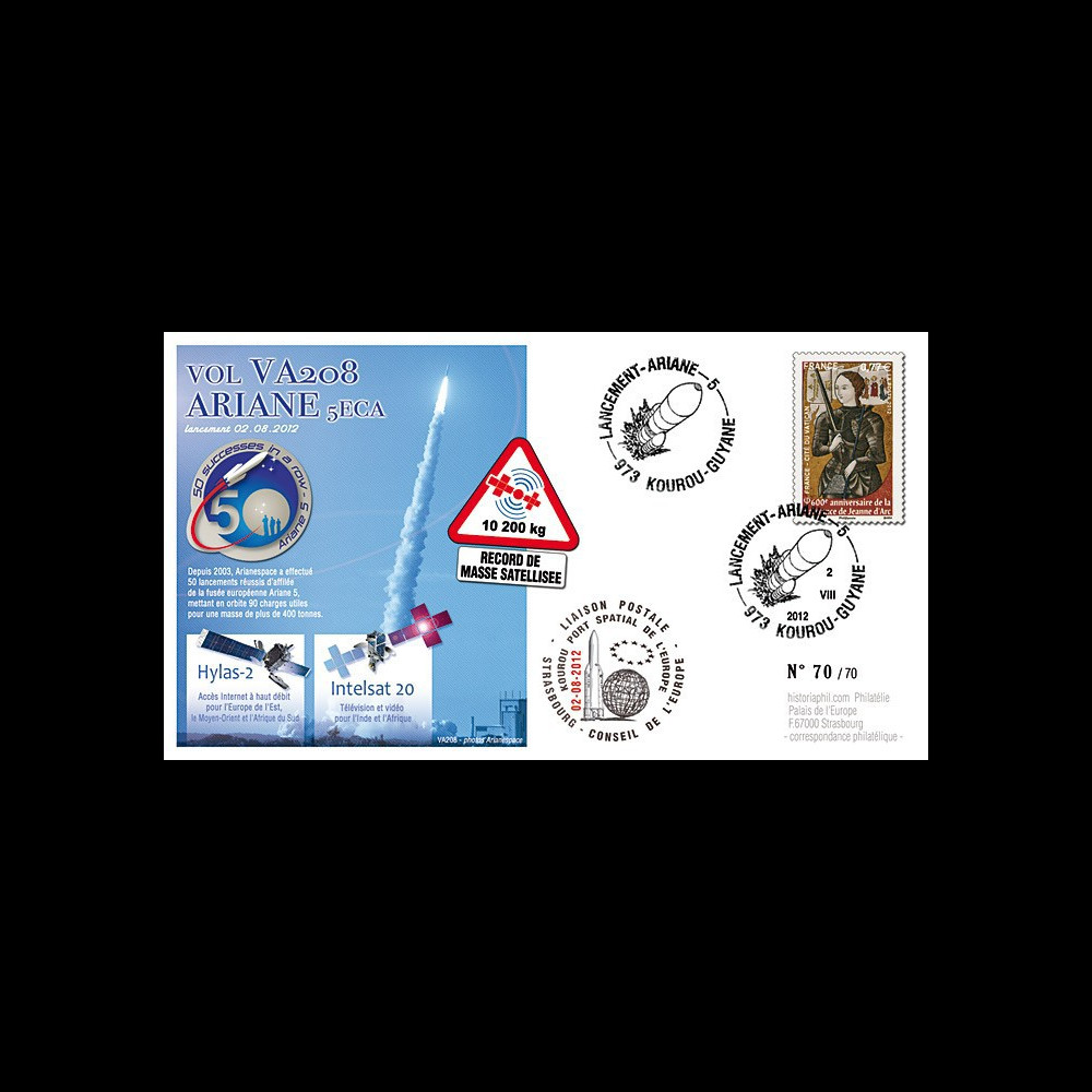 VA208L-T2 : 2012 FDC Kourou ARIANE 5 Vol 208 - Hylas-2 / Intelsat 20 - 50e succès d'affilée