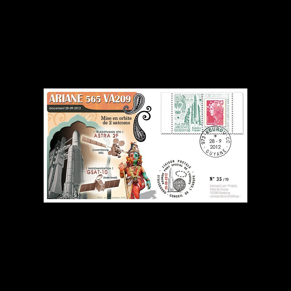 VA209L-T1 : 2012 - FDC Kourou ARIANE 5 Vol 209 - Astra 2F (Luxembourg) et GSAT-10 (Inde)