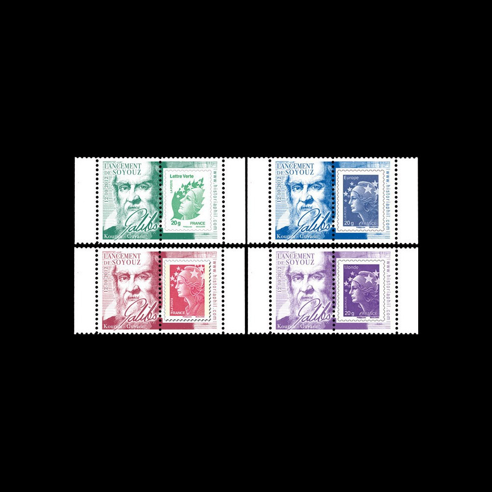 VS03L-PT1/4 : 2012 - Série de 4 Marianne sur porte-timbres "Vol N°03 Soyouz - Galileo"