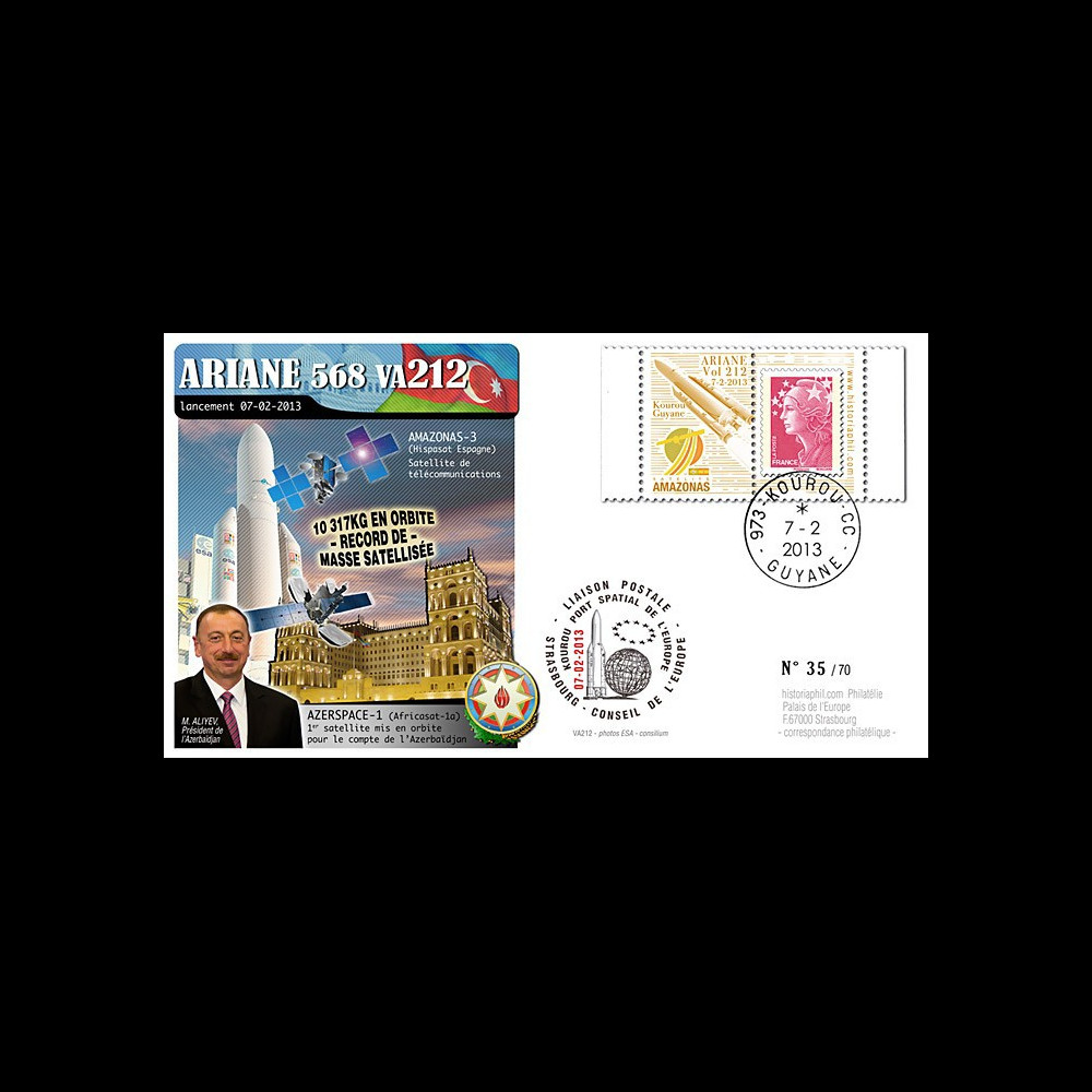 VA212L-T1 : 2012 - FDC Kourou ARIANE 5 Vol 212 - Amazonas-3 / Azerspace-1 (Azerbaïdjan) VA212L-T1 : 2012 - FDC Kourou ARIANE 5 Vol 212 - Amazonas-3 / Azerspace-1 (Azerbaïdjan)