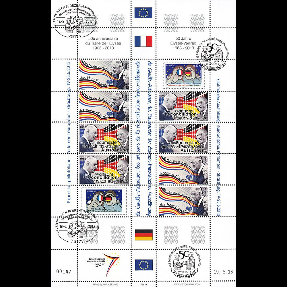 PE639 : 2013 - Feuillet Parlement européen "Traité Elysée - expo de Gaulle/Adenauer"