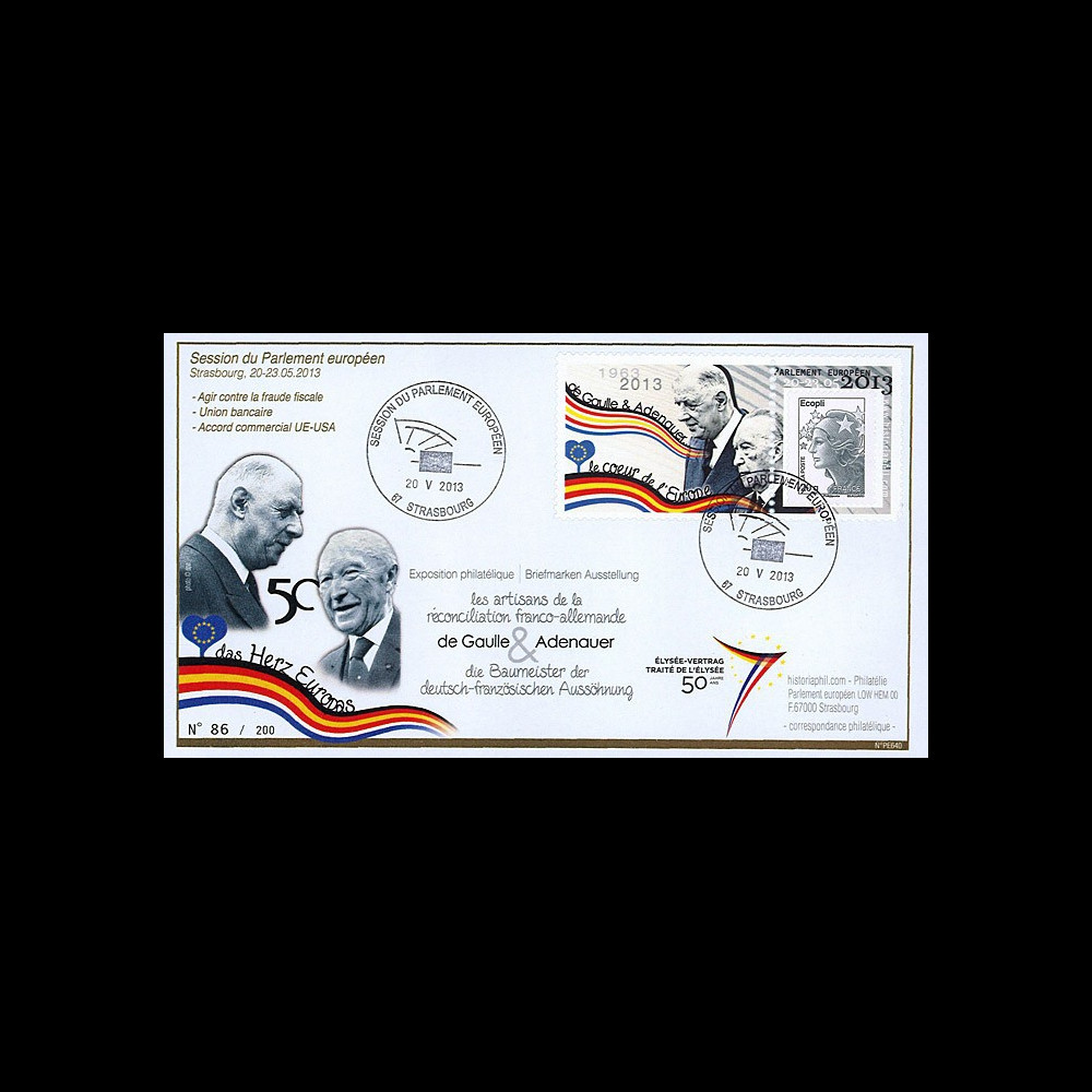 PE640 : 2013 - FDC Session Parlement eur. "de Gaulle / Adenauer - 50 ans Traité Elysée"