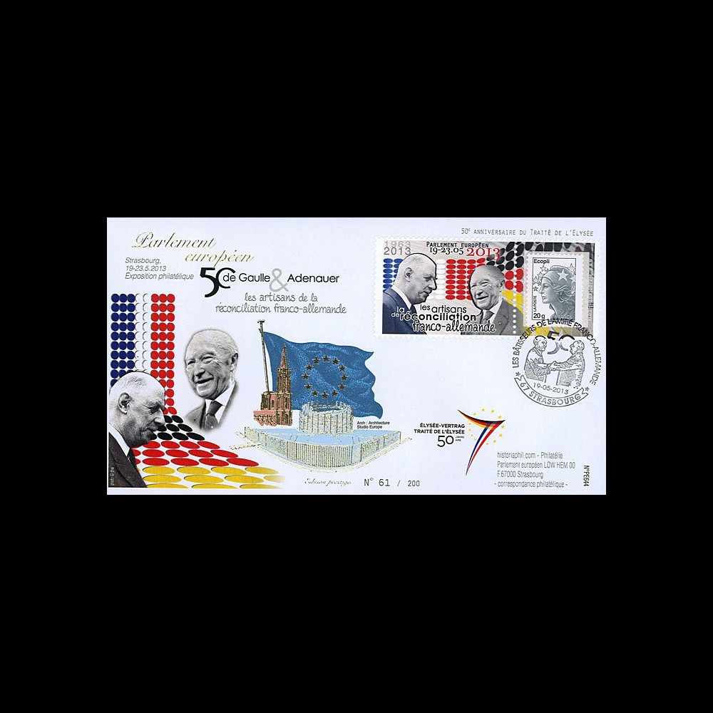 PE644 : 2013 - FDC Parlement européen "DE GAULLE & ADENAUER - 50 ans Traité Elysée"