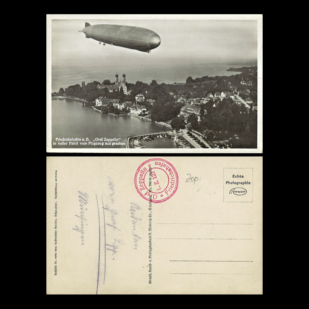 LZ127-086 : 1930 - CP ALLEMAGNE "LZ127 Graf Zeppelin survolant le Château de Friedrichshafen"