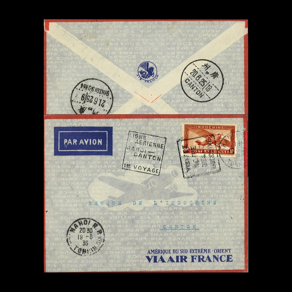 AV-0161 : 1936 - Pli INDOCHINE AIR FRANCE "1er Vol d'essai Hanoï (Indochine) - Canton (Chine)" AV-0161 : 1936 - Pli INDOCHINE AIR FRANCE "1er Vol d'essai Hanoï (Indochine) - Canton (Chine)"