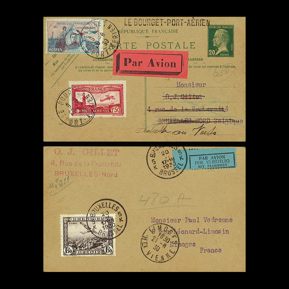 AV-0102 : 1930 - Entier Postal PAR AVION "Double Vol Le Bourget - Bruxelles - Limoges" AV-0102 : 1930 - Entier Postal PAR AVION "Double Vol Le Bourget - Bruxelles - Limoges"