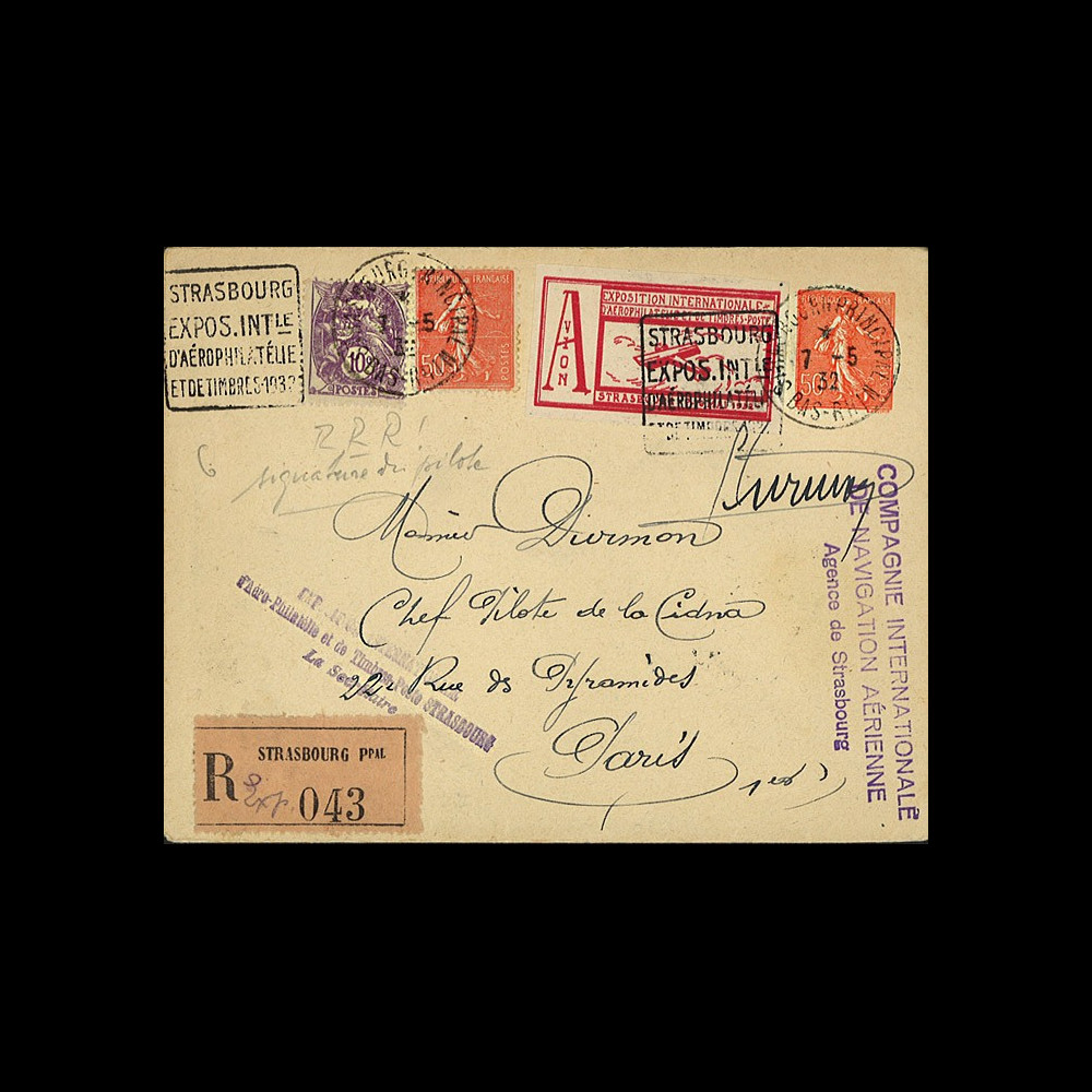 AV-0105 : 1932 - Entier Postal RECO à bord "Vol CIDNA Strasbourg - Paris"
