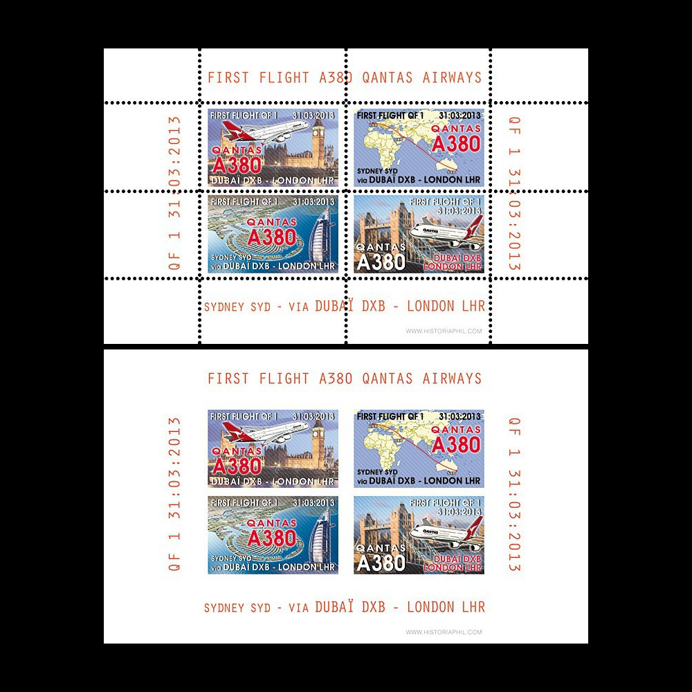 A380-209B : 2013 - Série de 2 blocs "1er vol A380 Qantas QF1 (Sydney) - Dubaï - Londres"