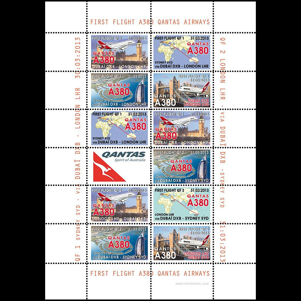 A380-209FD : 2013 - Feuillet "1er vol A380 Qantas QF1/2 Sydney-Londres-Sydney via Dubaï"