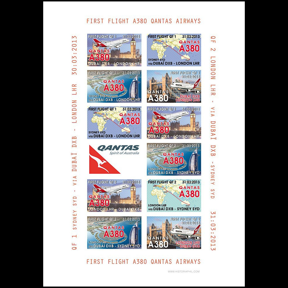 A380-209FND : 2013 Feuillet '1er vol A380 Qantas QF1/2 Sydney-Londres-Sydney via Dubaï'