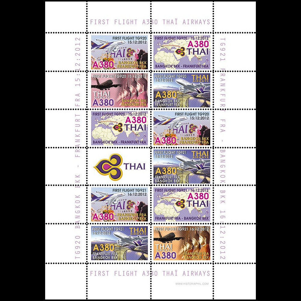 A380-211FD : 2013 - Feuillet "1er vol A380 Thaï TG920/1 Bangkok - Francfort - Bangkok"