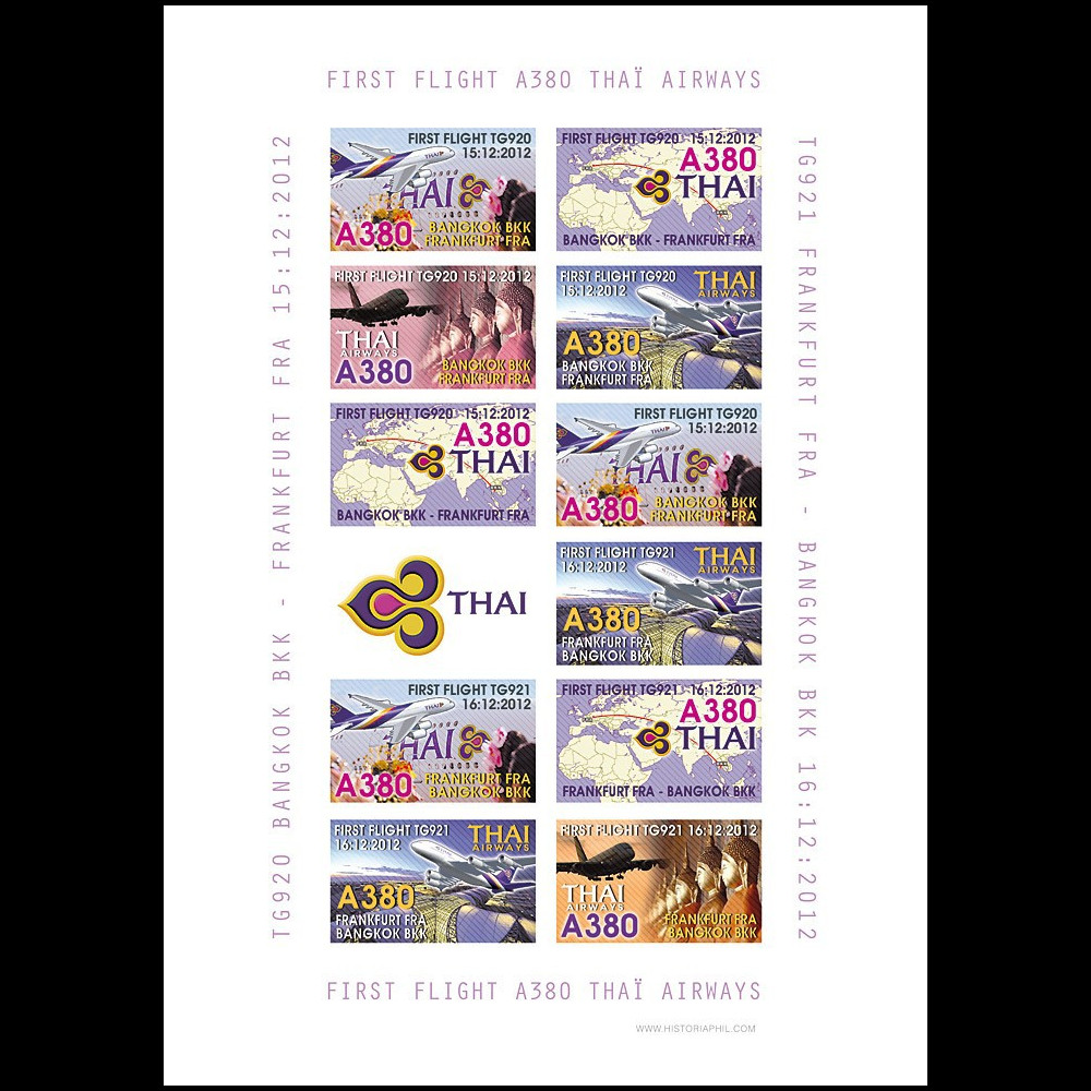 A380-211FND : 2013 - Feuillet "1er vol A380 Thaï TG920/1 Bangkok - Francfort - Bangkok"