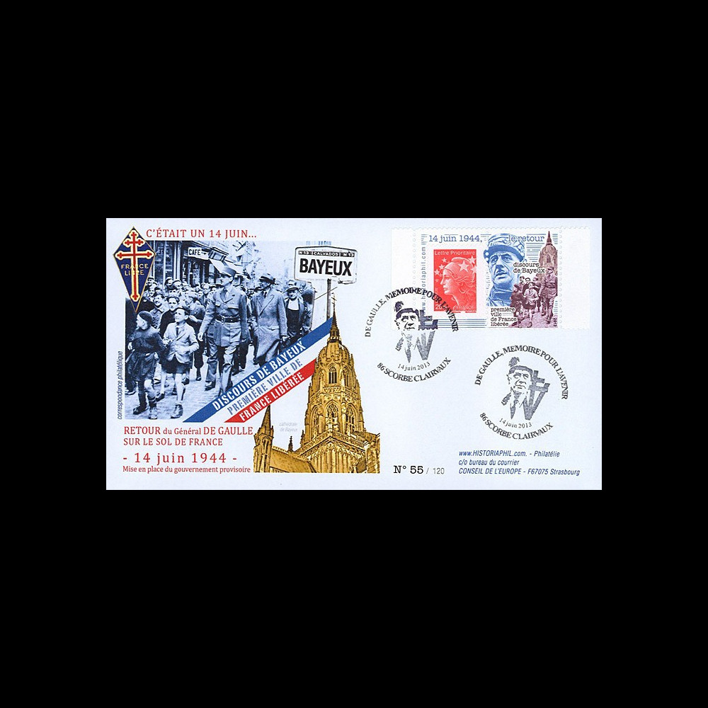 DG13-1T1 : 2013 - FDC "69 ans Retour du Général DE GAULLE - Discours de Bayeux"