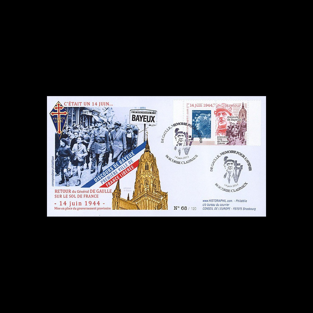 DG13-1T2 : 2013 - FDC "69 ans Retour Général DE GAULLE - Discours de Bayeux / WWII"