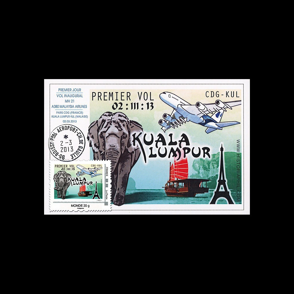 A380-215T2 : 2013 Carte maximum A380 Malaysia Airlines - 1er vol Paris / Kuala Lumpur