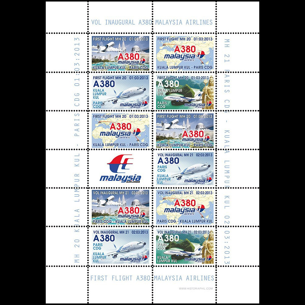 A380-215FD : 2013 - Feuillet "1er vol A380 Malaysia Airlines MH20/21 Kuala Lumpur-Paris"