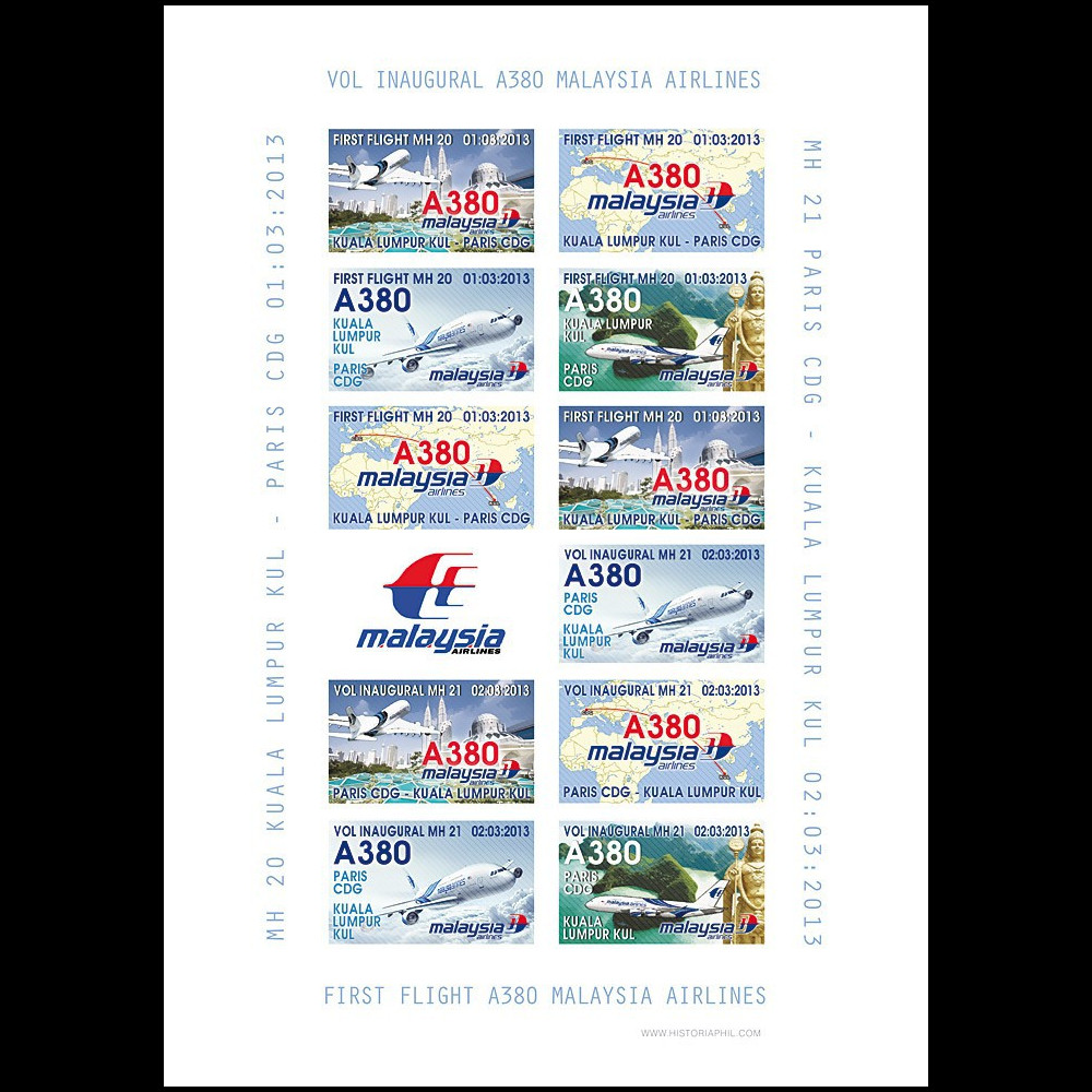 A380-215FND : 2013 - Feuillet "1er vol A380 Malaysia Airlines MH20/21 Kuala Lumpur-Paris"