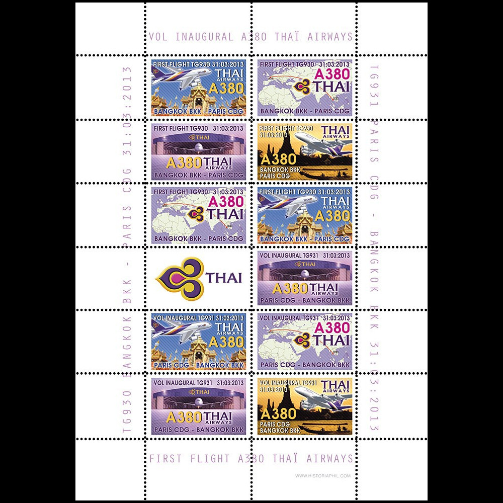 A380-220FD : 2013 - Feuillet 12 vignettes "Airbus A380 Thai Airways - 1er Vol Paris-Bangkok"