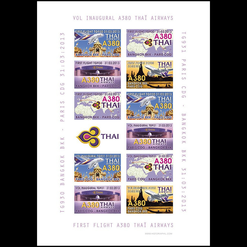 A380-220FND : 2013 - Feuillet vignettes ND "Airbus A380 Thai Airways 1er Vol Paris-Bangkok"