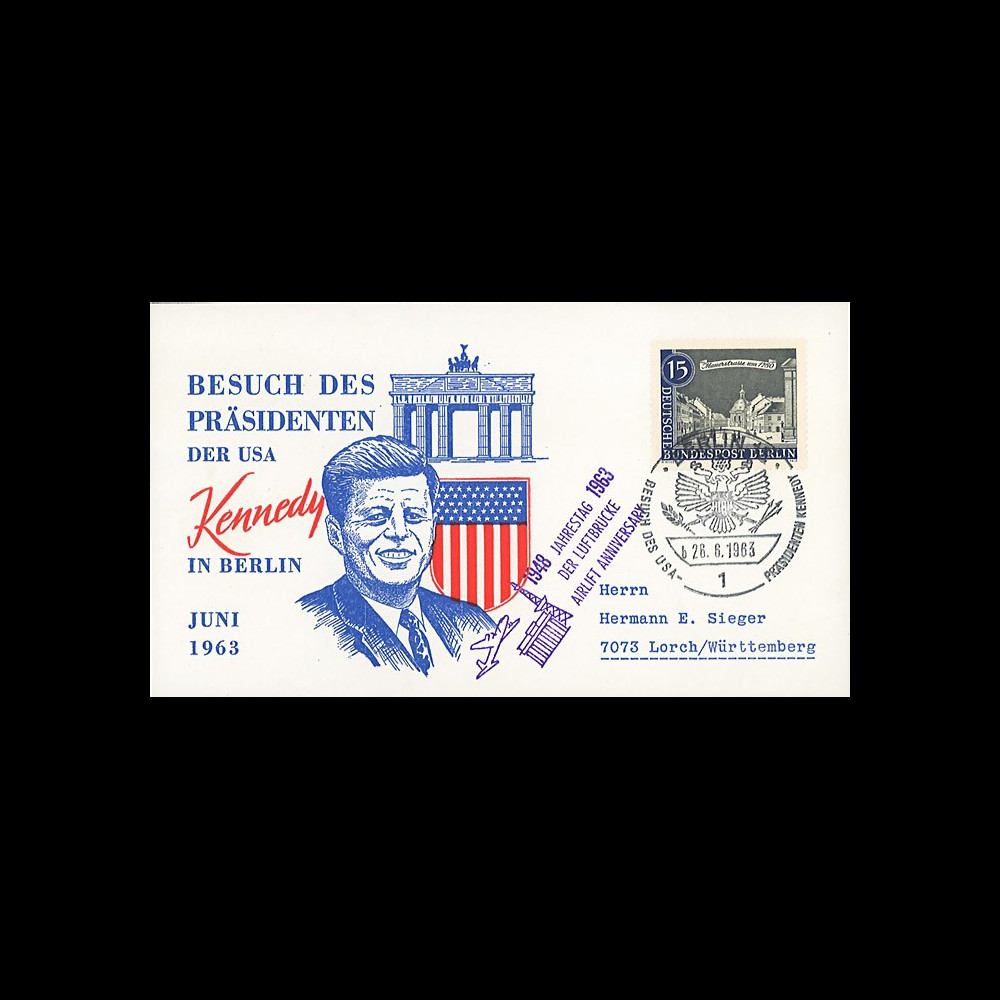 JFK-BE63T9 : 1963 - Carte Berlin-Ouest "Visite Président John F. Kennedy en RFA"