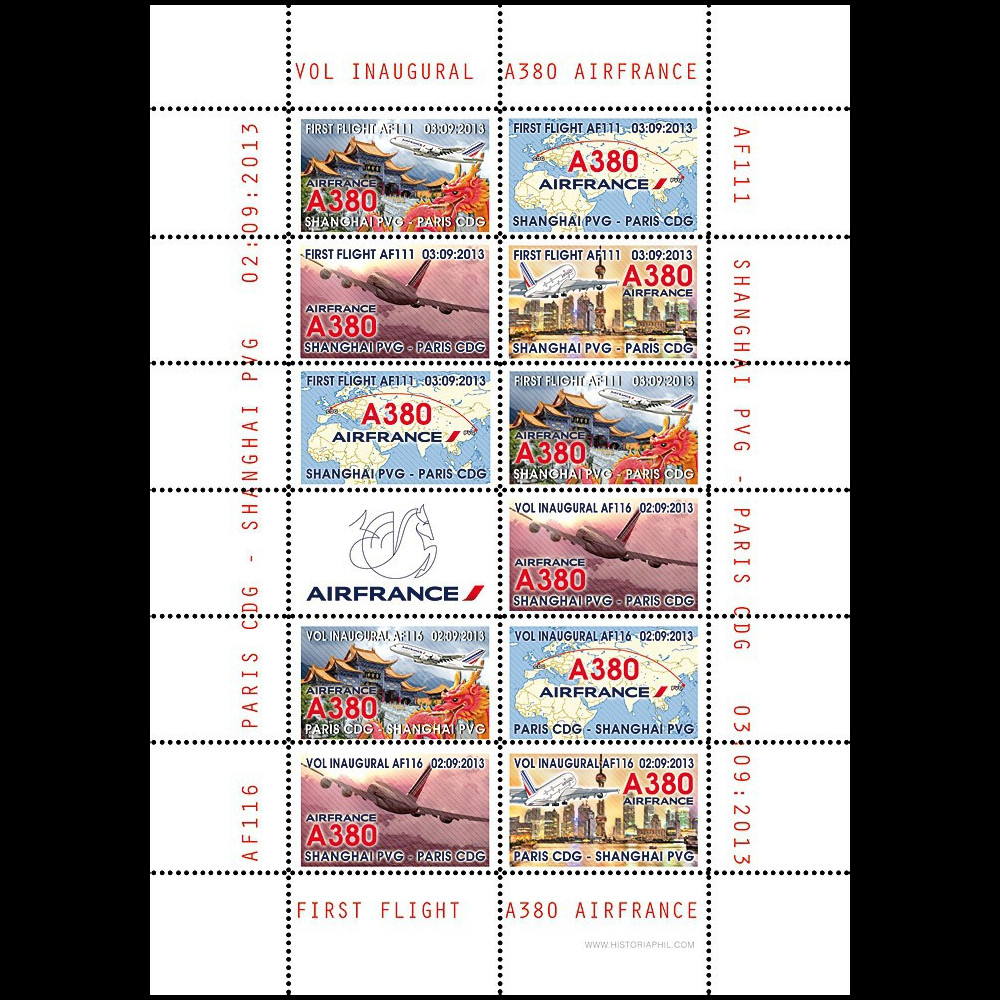 A380-223FD : 2013 - Feuillet 12 vignettes "A380 Air France - 1er Vol AF116 Paris-Shanghai"