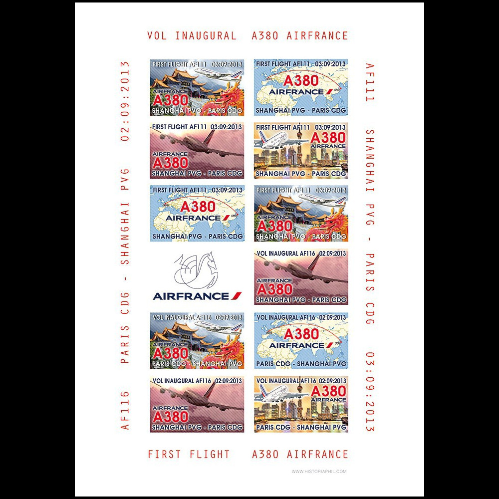 A380-223FND : 2013 - Feuillet 12 vignettes "A380 Air France - 1er Vol AF116 Paris-Shanghai"