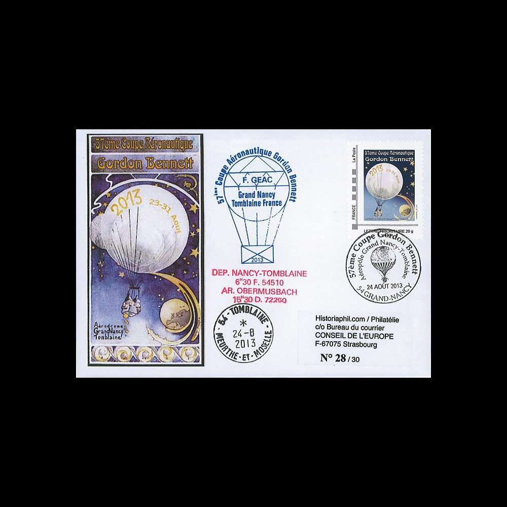 GB2013-FDC-T1 : 2013 FDC FRANCE "57e Coupe Gordon Bennett" voyagée par ballon postal