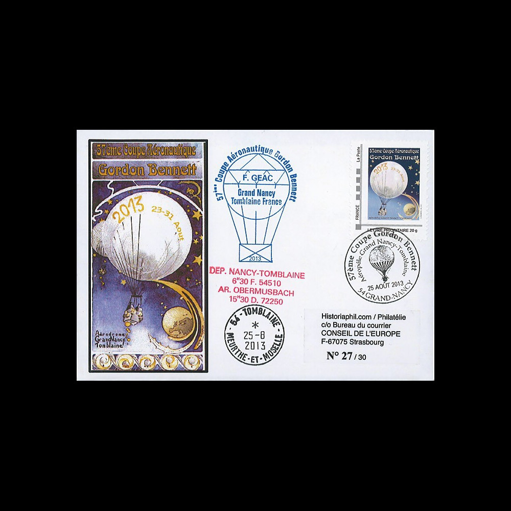 GB2013-FDC-T2 : 2013 FDC FRANCE "57e Coupe Gordon Bennett" voyagée par ballon postal
