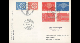 F22 : FDC SUISSE 1er Jour voyagée “Vol postal par ballon 'Zürich' - Europa Woche 1961"