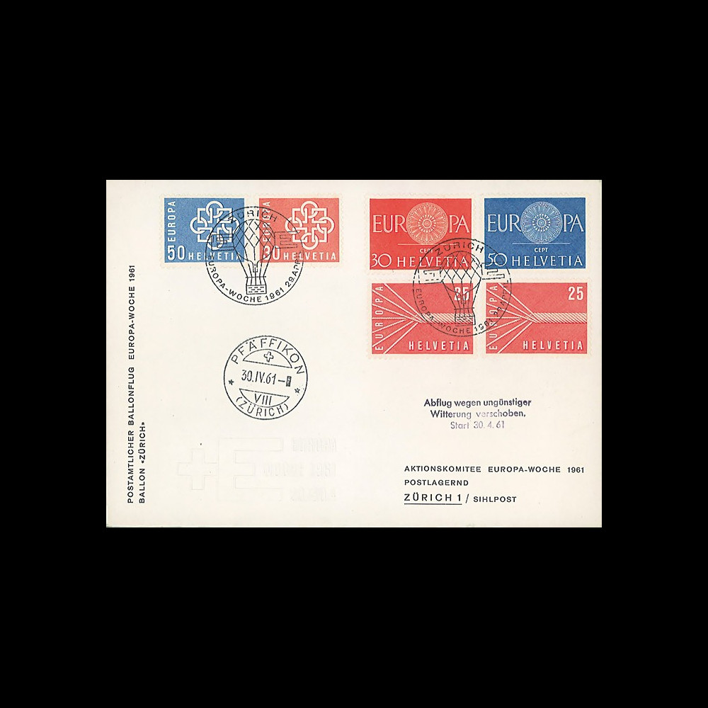 F22 : FDC SUISSE 1er Jour voyagée “Vol postal par ballon 'Zürich' - Europa Woche 1961"