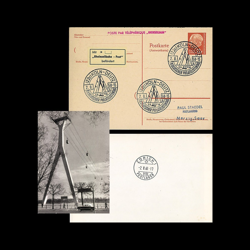 CST58 : Entier Postal SARRE (carte-réponse) voyagé sur "Téléphérique 'Rheinseilbahn Köln'"